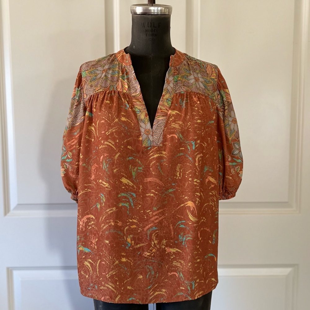 Current Air NWT Boho Floral Yoke Blouse Rust Puff Sleeve V-Neck Size S